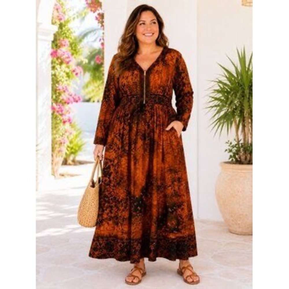 Soft Surroundings Venetian Maxi Dress Orange Black Print Smocked Waist 20W Boho